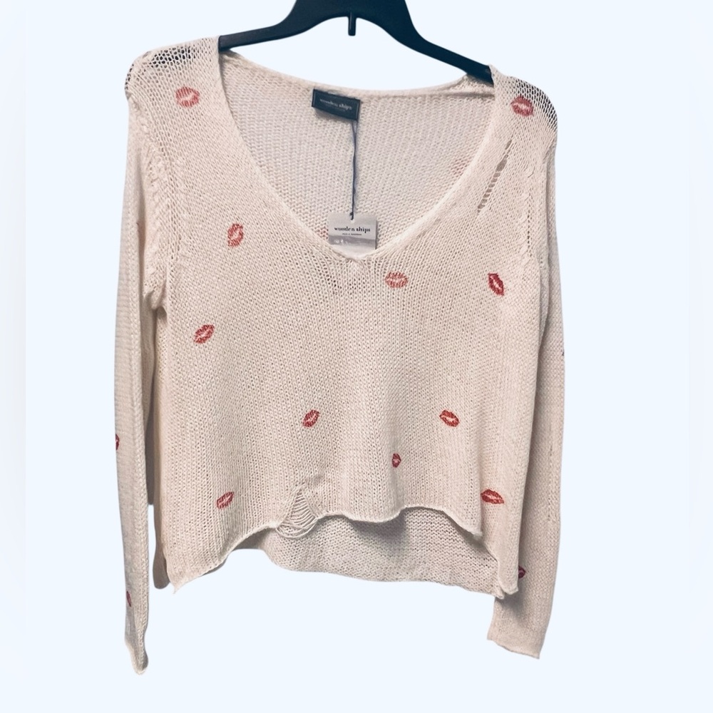 Wooden Ships Cream Sweater with Red Lip Pattern